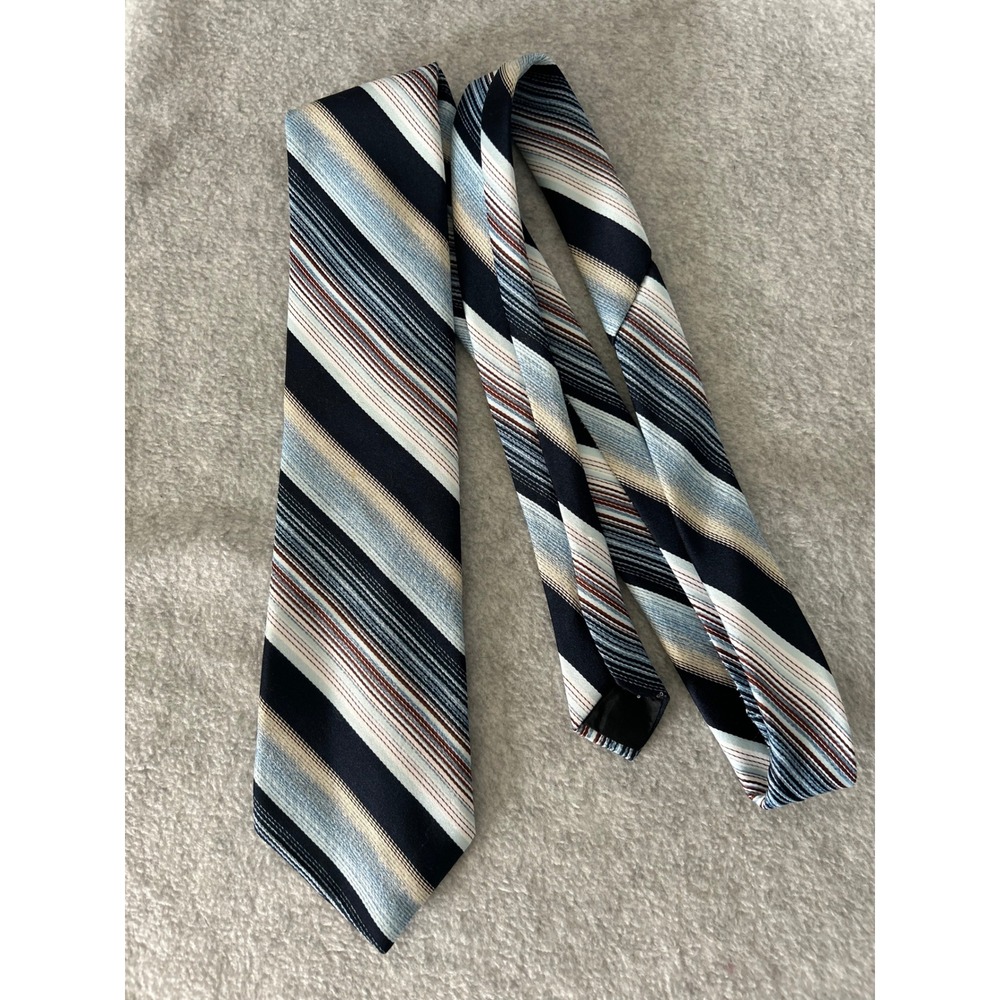 Velducci Mens Navy Blue Light Blue Cream‎ Striped Polyester Necktie RN 20170